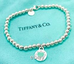 Tiffany & Co. 925 Silver Blue Enamel Sunburst Heart Round RTT Bead Bracelet 6.5