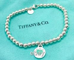 Tiffany & Co. 925 Silver Blue Enamel Sunburst Heart Round RTT Bead Bracelet 6.5