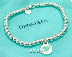Tiffany & Co. 925 Silver Blue Enamel Sunburst Heart Round RTT Bead Bracelet 6.5