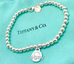 Tiffany & Co. 925 Silver Blue Enamel Sunburst Heart Round RTT Bead Bracelet 6.5