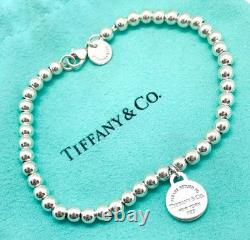 Tiffany & Co. 925 Silver Blue Enamel Sunburst Heart Round RTT Bead Bracelet 6.5