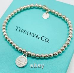 Tiffany & Co. 925 Silver Blue Enamel Sunburst Heart Round RTT Bead Bracelet 7
