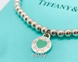 Tiffany & Co. 925 Silver Blue Enamel Sunburst Heart Round RTT Bead Bracelet 7