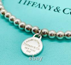 Tiffany & Co. 925 Silver Blue Enamel Sunburst Heart Round RTT Bead Bracelet 7