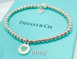 Tiffany & Co. 925 Silver Blue Enamel Sunburst Heart Round RTT Bead Bracelet 7