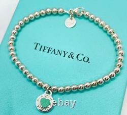 Tiffany & Co. 925 Silver Blue Enamel Sunburst Heart Round RTT Bead Bracelet 7