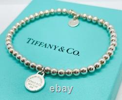 Tiffany & Co. 925 Silver Blue Enamel Sunburst Heart Round RTT Bead Bracelet 7