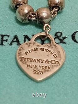 Tiffany & Co Bead Ball Bracelet Blue Enamel Heart Sterling Silver 7 (CLN065847)