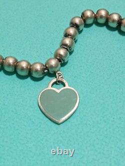 Tiffany & Co Bead Ball Bracelet Blue Enamel Heart Sterling Silver 7 (CLN065847)