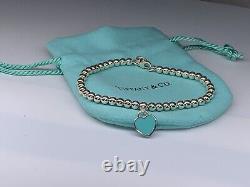 Tiffany & Co. Blue Enamel Heart Charm Beaded Bracelet Sterling Silver 7