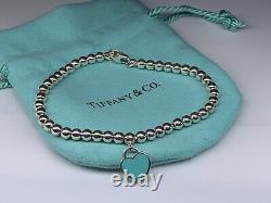 Tiffany & Co. Blue Enamel Heart Charm Beaded Bracelet Sterling Silver 7