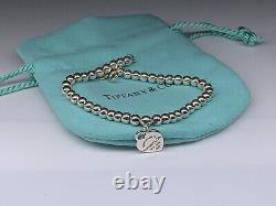 Tiffany & Co. Blue Enamel Heart Charm Beaded Bracelet Sterling Silver 7