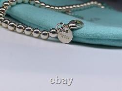 Tiffany & Co. Blue Enamel Heart Charm Beaded Bracelet Sterling Silver 7