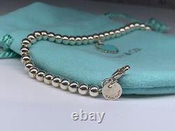 Tiffany & Co. Blue Enamel Heart Charm Beaded Bracelet Sterling Silver 7