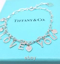 Tiffany Co Blue Enamel Heart I LOVE YOU Love Notes Dangle Charm Bracelet Silver