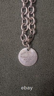 Tiffany & Co. Blue Enamel Heart Pendant & Chain Bracelet Round Tag. 925 silver