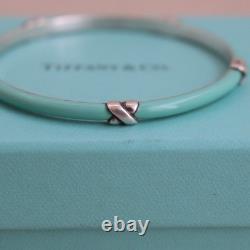 Tiffany & Co Blue Enamel Kiss Bangle Sterling Silver Signature X Bracelet Love