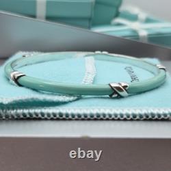 Tiffany & Co. Blue Enamel Signature X Kiss Love 7.5 Bangle Bracelet Silver
