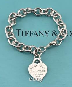 Tiffany & Co Blue Enamel Sterling Silver RETURN TO TIFFANY Heart Bracelet 7.5