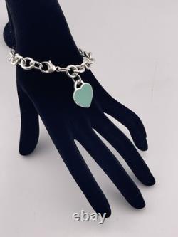 Tiffany & Co Blue Enamel Sterling Silver RETURN TO TIFFANY Heart Bracelet 7.5