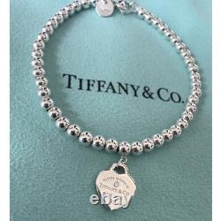 Tiffany & Co. Diamond Blue Enamel Return RTT Heart Bead Ball Bracelet7.5Inches