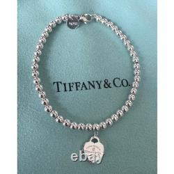 Tiffany & Co. Diamond Blue Enamel Return RTT Heart Bead Ball Bracelet7.5Inches