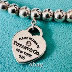Tiffany & Co. Diamond Blue Enamel Return RTT Heart Bead Ball Bracelet7.5Inches
