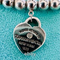 Tiffany & Co. Diamond Blue Enamel Return RTT Heart Bead Ball Bracelet7.5Inches