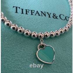 Tiffany & Co. Diamond Blue Enamel Return RTT Heart Bead Ball Bracelet7.5Inches