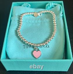 Tiffany & Co Pink Enamel Mini Heart Tag Bead Bracelet Return to Tiffany