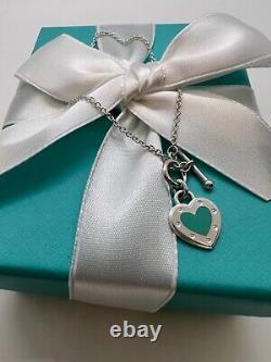 Tiffany &Co RTT Blue Enamel Heart Charm Love Toggle Bracelet Sterling Silver 925