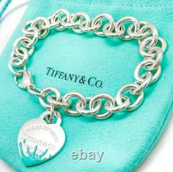 Tiffany & Co. Return Blue Enamel Splash Medium Heart Tag Bracelet Silver 7.25