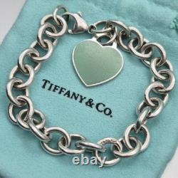 Tiffany & Co. Return To Blue Enamel Heart Tag 7.5 Medium Bracelet Silver Pouch