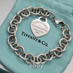 Tiffany & Co. Return To Blue Enamel Heart Tag 7.5 Medium Bracelet Silver Pouch