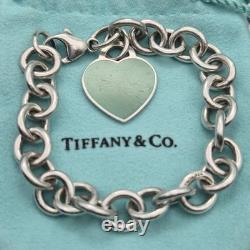 Tiffany & Co. Return To Blue Enamel Heart Tag 7.5 Medium Bracelet Silver Pouch