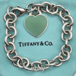 Tiffany & Co. Return To Blue Enamel Heart Tag 7.5 Medium Bracelet Silver Pouch