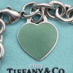 Tiffany & Co. Return To Blue Enamel Heart Tag 7.5 Medium Bracelet Silver Pouch