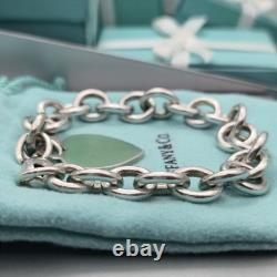 Tiffany & Co. Return To Blue Enamel Heart Tag 7.5 Medium Bracelet Silver Pouch