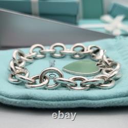 Tiffany & Co. Return To Blue Enamel Heart Tag 7.5 Medium Bracelet Silver Pouch