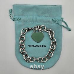 Tiffany & Co. Return To Blue Enamel Heart Tag 7.5 Medium Bracelet Silver Pouch