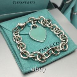 Tiffany & Co. Return To Blue Enamel Heart Tag Medium 7.5 Bracelet Silver 925