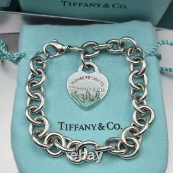 Tiffany & Co. Return To Blue Enamel Splash Heart Tag 8 Large Bracelet Silver