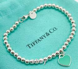 Tiffany & Co. Return To Mini Blue Enamel Heart Silver Bead Bracelet 6.5