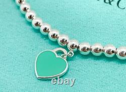 Tiffany & Co. Return To Mini Blue Enamel Heart Silver Bead Bracelet 6.5