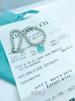 Tiffany & Co. Return To Mini Blue Enamel Heart Silver Bead Bracelet 6.5
