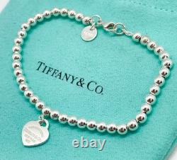 Tiffany & Co. Return To Mini Blue Enamel Heart Silver Bead Bracelet 6.5