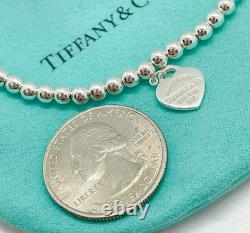 Tiffany & Co. Return To Mini Blue Enamel Heart Silver Bead Bracelet 6.5