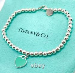 Tiffany & Co. Return To Mini Blue Enamel Heart Silver Bead Bracelet 6.5