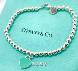 Tiffany & Co. Return To Mini Blue Enamel Heart Silver Bead Bracelet 6.5