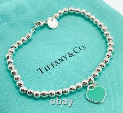 Tiffany & Co. Return To Mini Blue Enamel Heart Silver Bead Bracelet 6.5